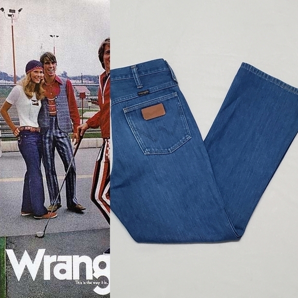 VINTAGE 1970s Wrangler Unisex Usa Made Denim Extra High Rise Bell Bottom Jeans - Picture 1 of 12